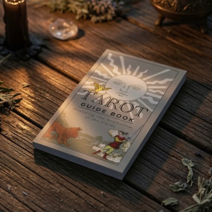 tarot guide, on a wooden surface with candle, crystal and herbs