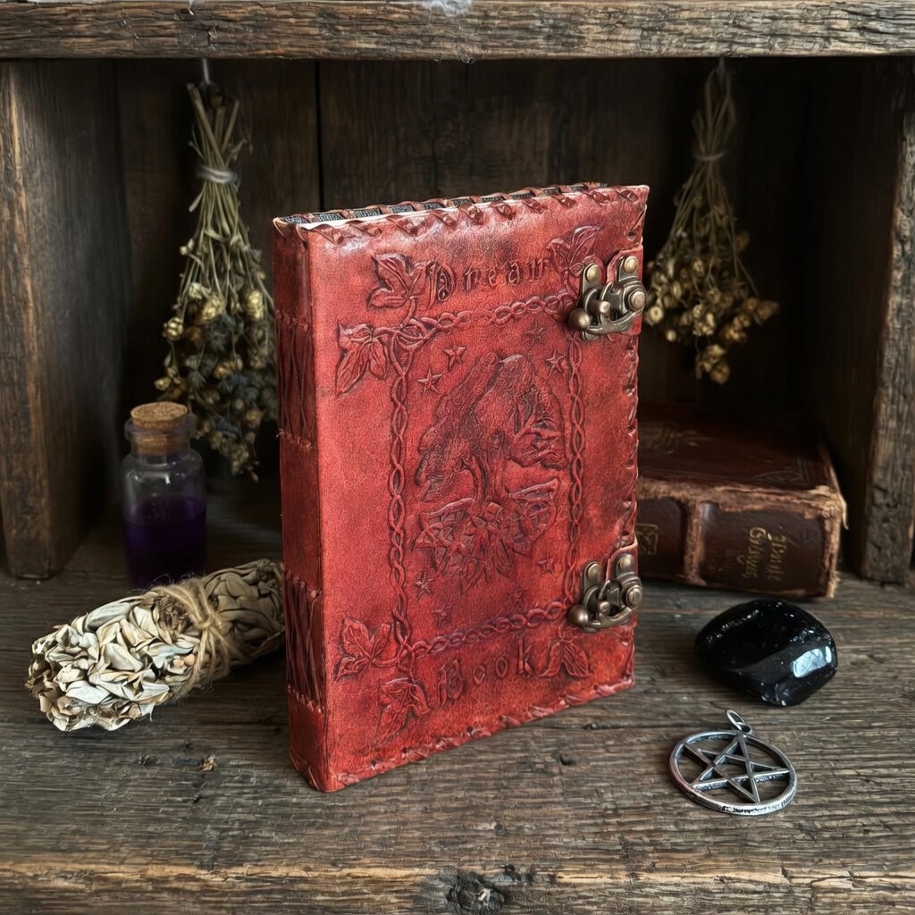 Red brown leather-bound book with embossed design on a wooden surface with witchcraft items.