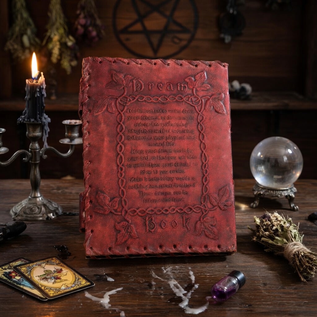 Red / brown leather book with embossed text on a wooden table with candles, tarot cards, and a crystal ball.