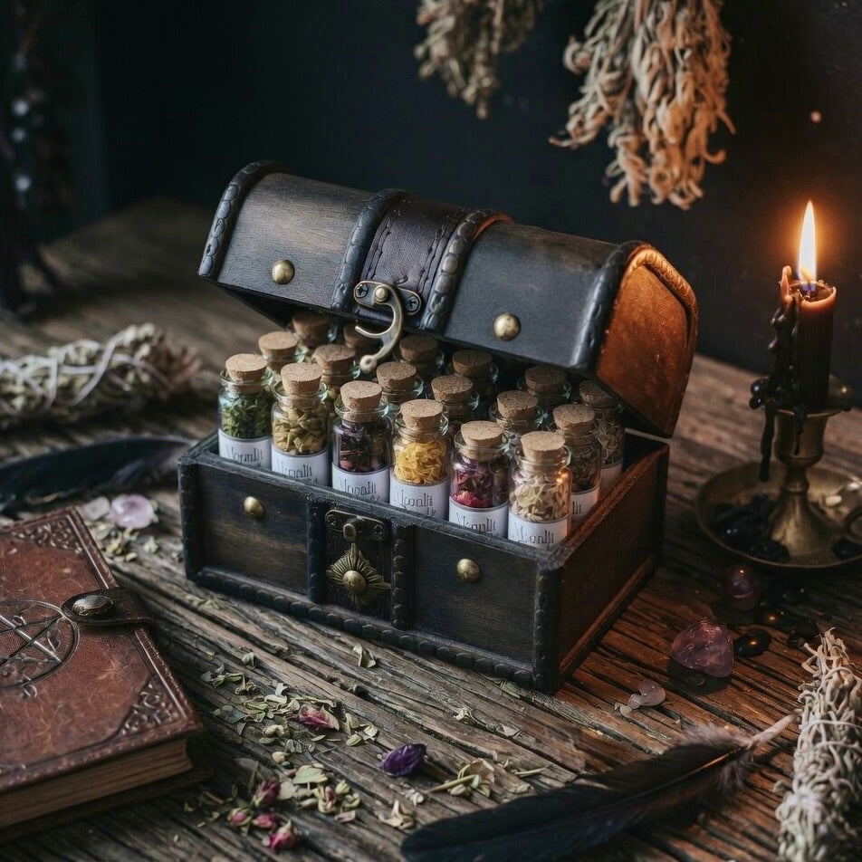 Wooden chest with bottles of spell herbs on a rustic table with a candle and book.