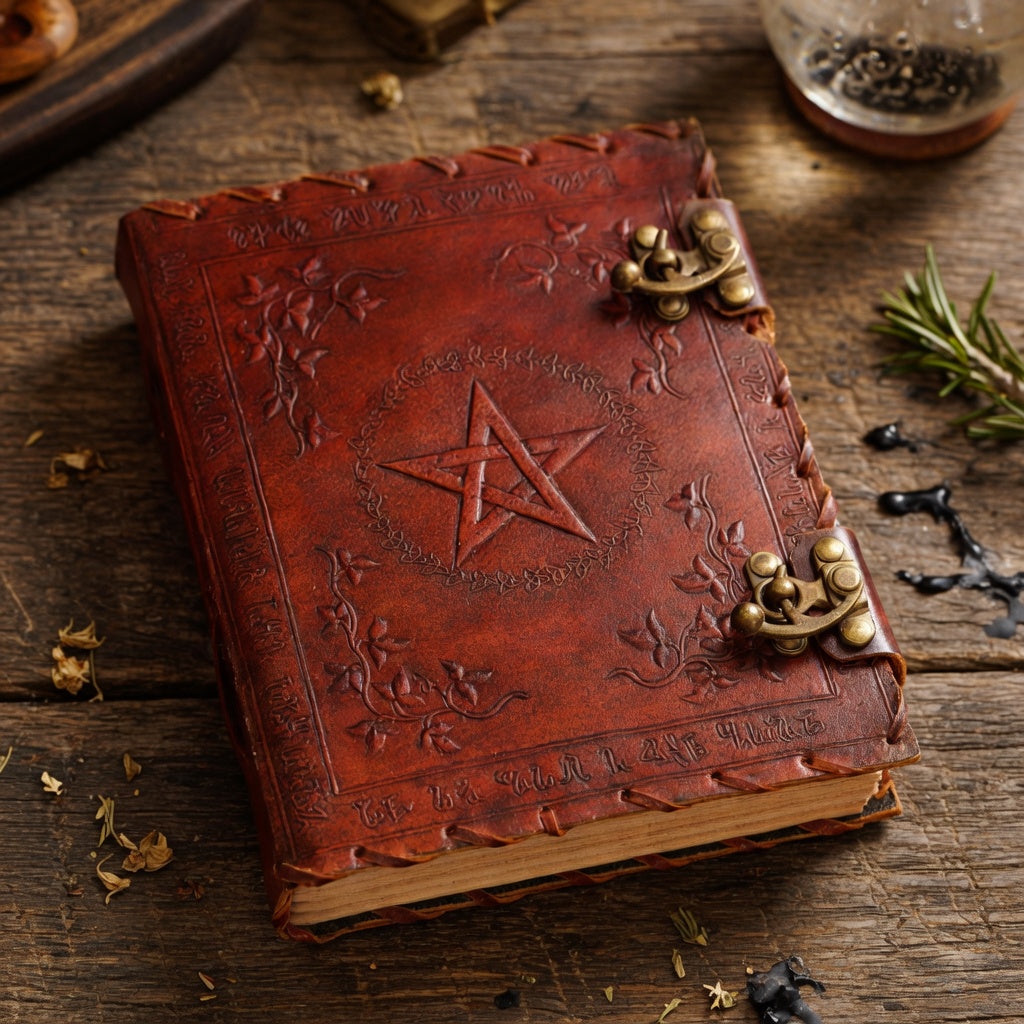 Decorative leather journal with pentagram design on a wooden surface