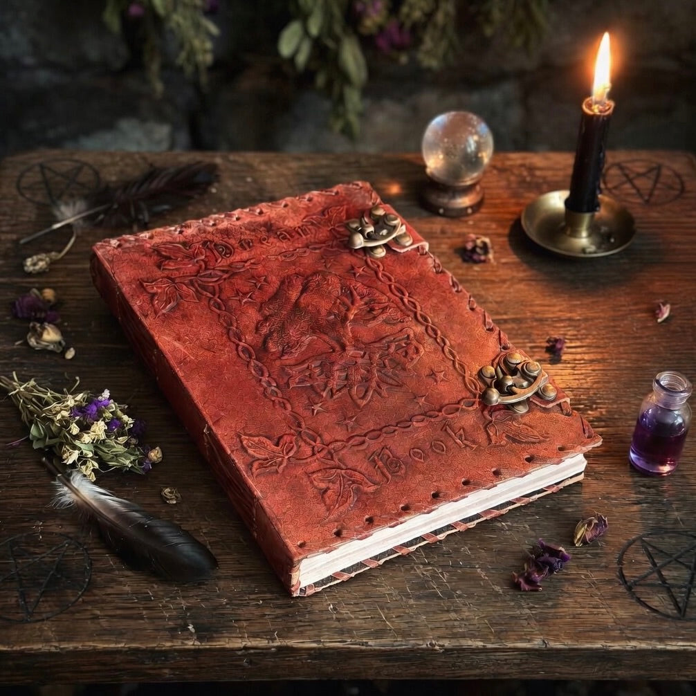 Large leather bound dream book journal on a wooden surface with mystical items around