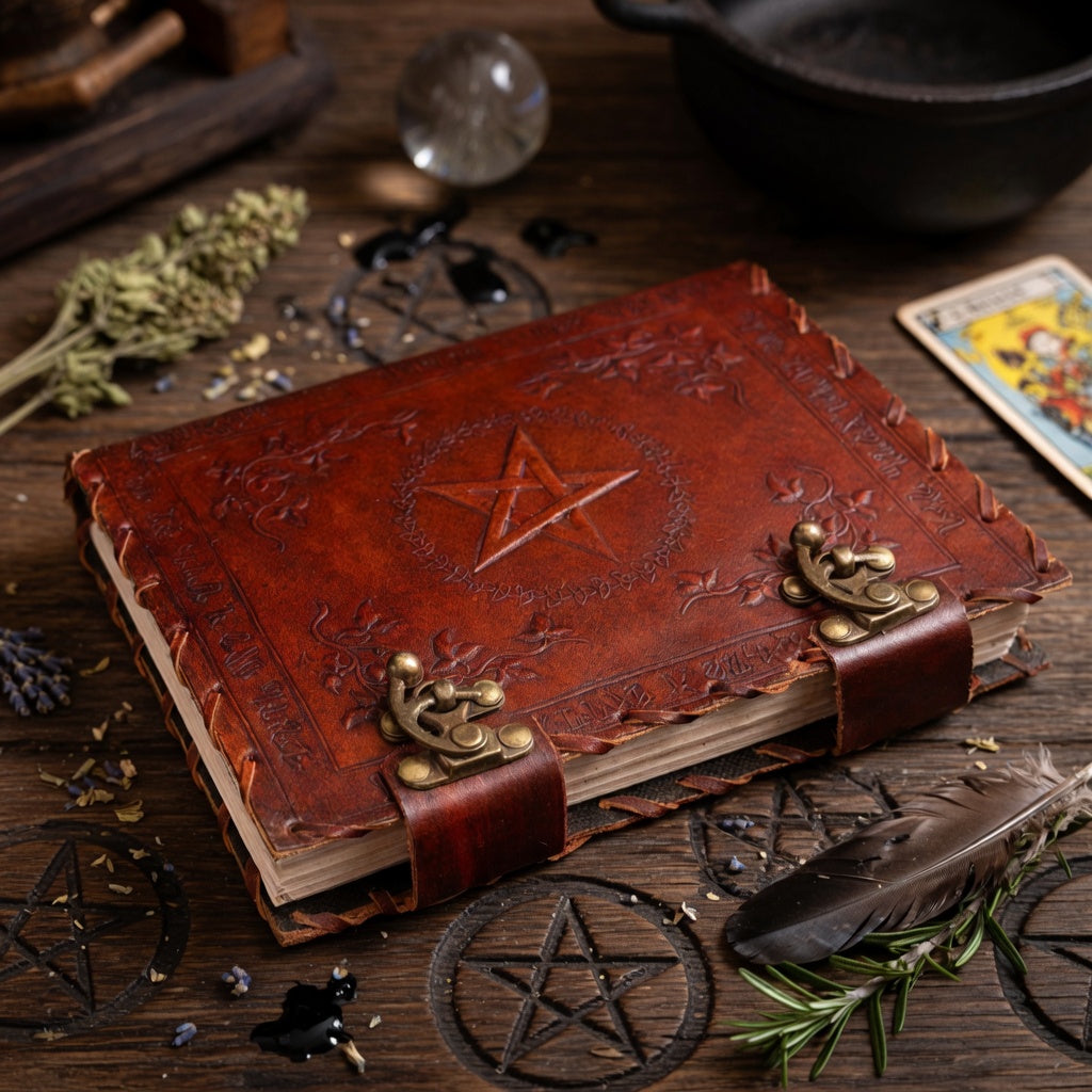 Leather journal with pentagram design on a wooden surface with mystical items.