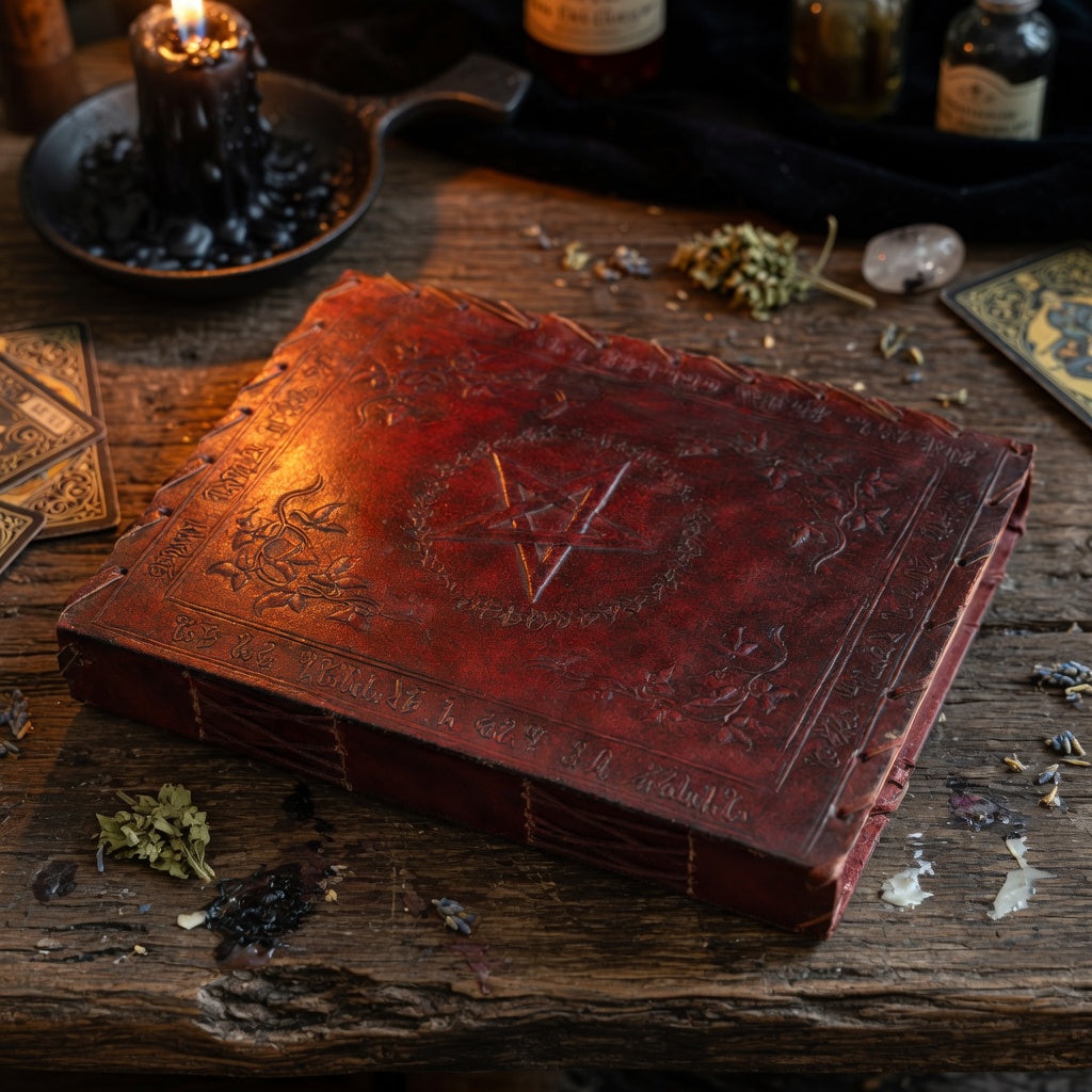Large leather book with embossed pentagram design on a wooden surface with candles and herbs.