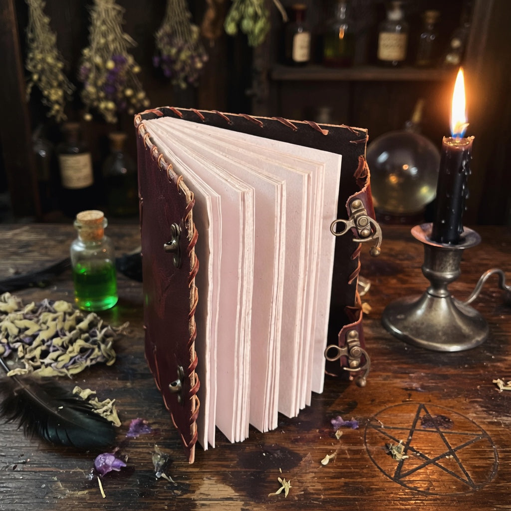 Large leather journal with clasps on a wooden surface carved with a pentagram