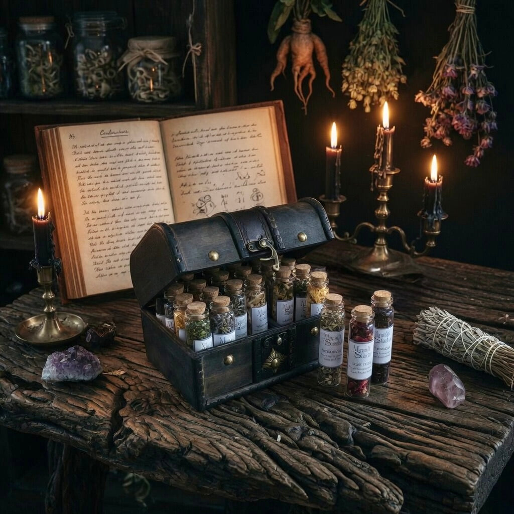 Boxed spell herb gift set with 24 glass corked bottles of herbs, on a wooden surface with open book, candle and crystal.
