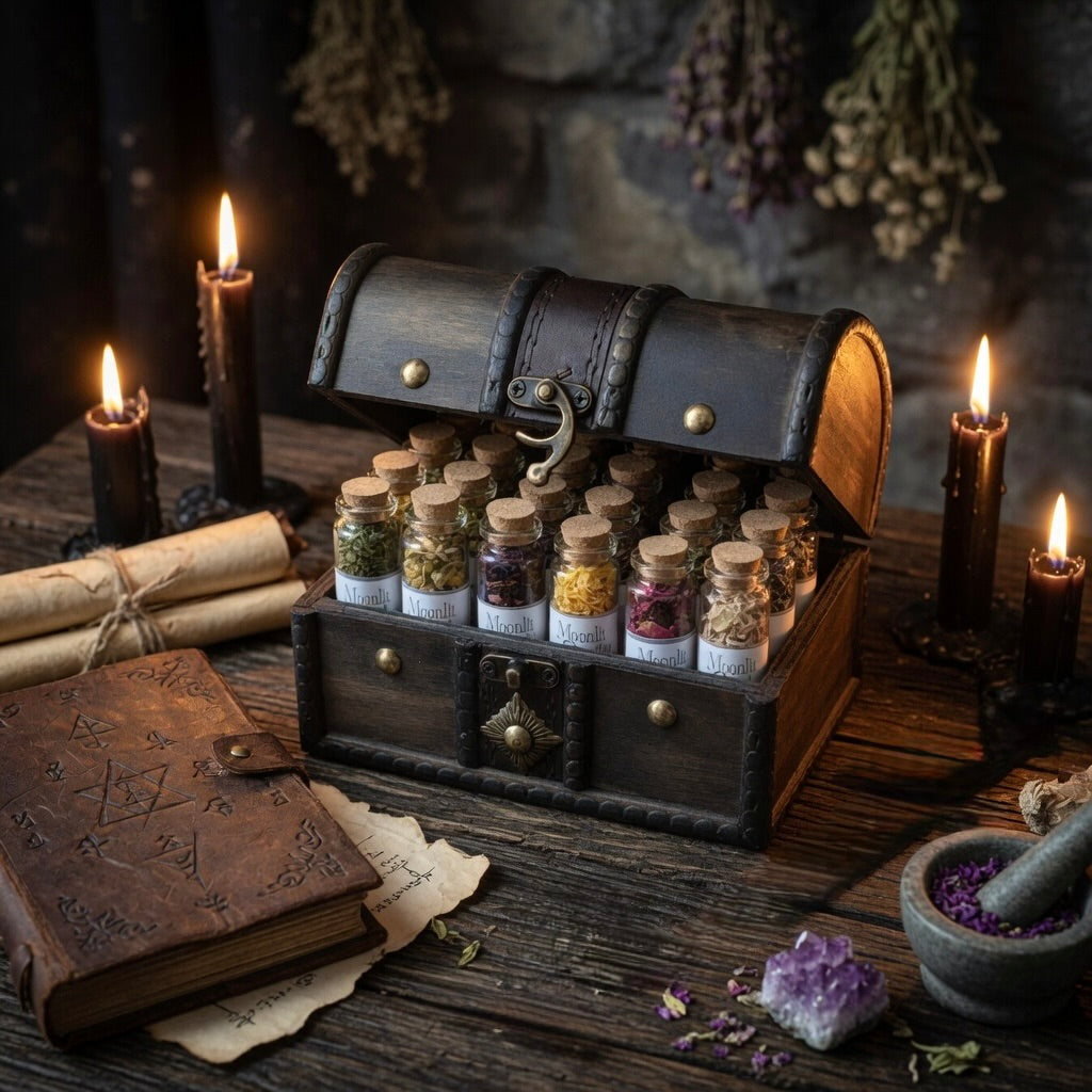 Wooden chest with bottles of herbs, candles, and a book on a wooden surface.