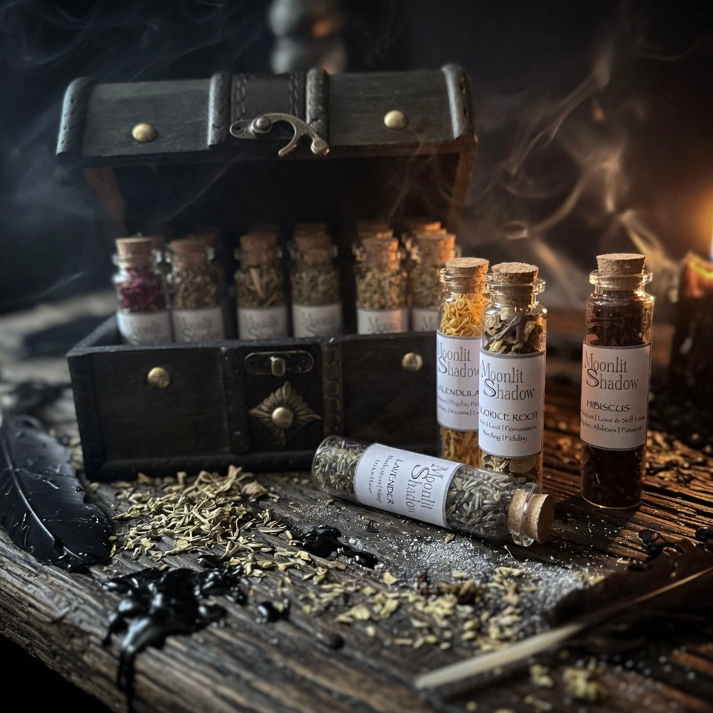 Wooden chest with bottles of herbs, on a wooden surface with herb sprinkles and wax spills, with a smoky witchy background