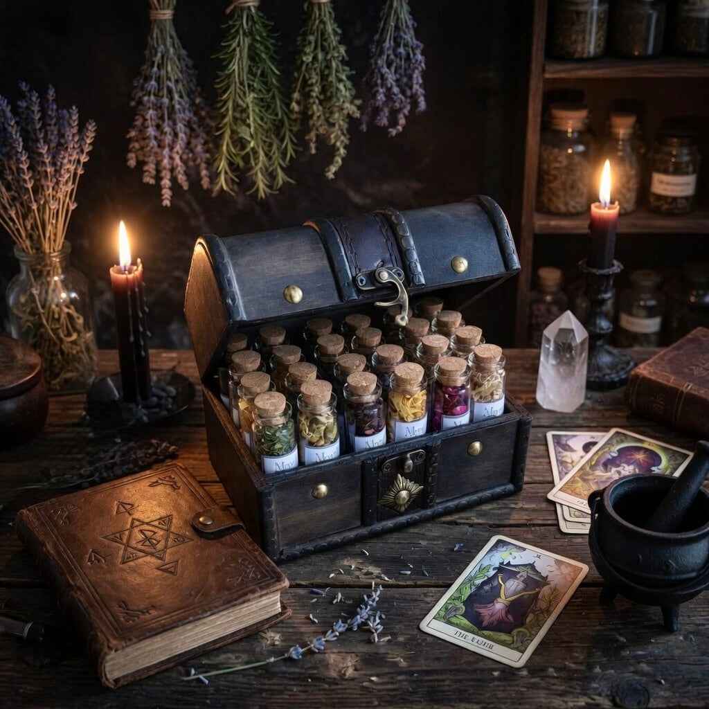 Boxed spell herb gift set with 24 glass corked bottles of herbs, on a wooden surface with book, tarot cards, candle and crystal.