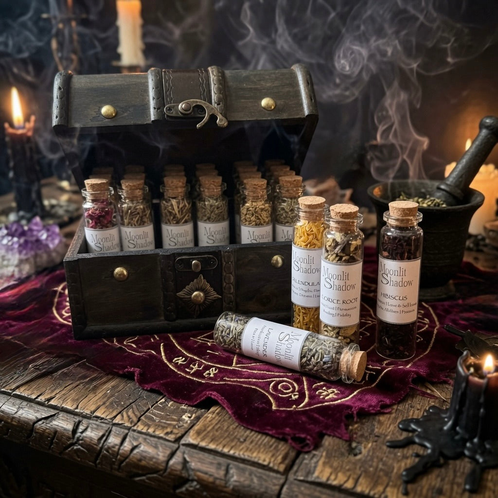 Candle lit wooden chest with herb bottles, on a velvet cloth with witchcraft related items
