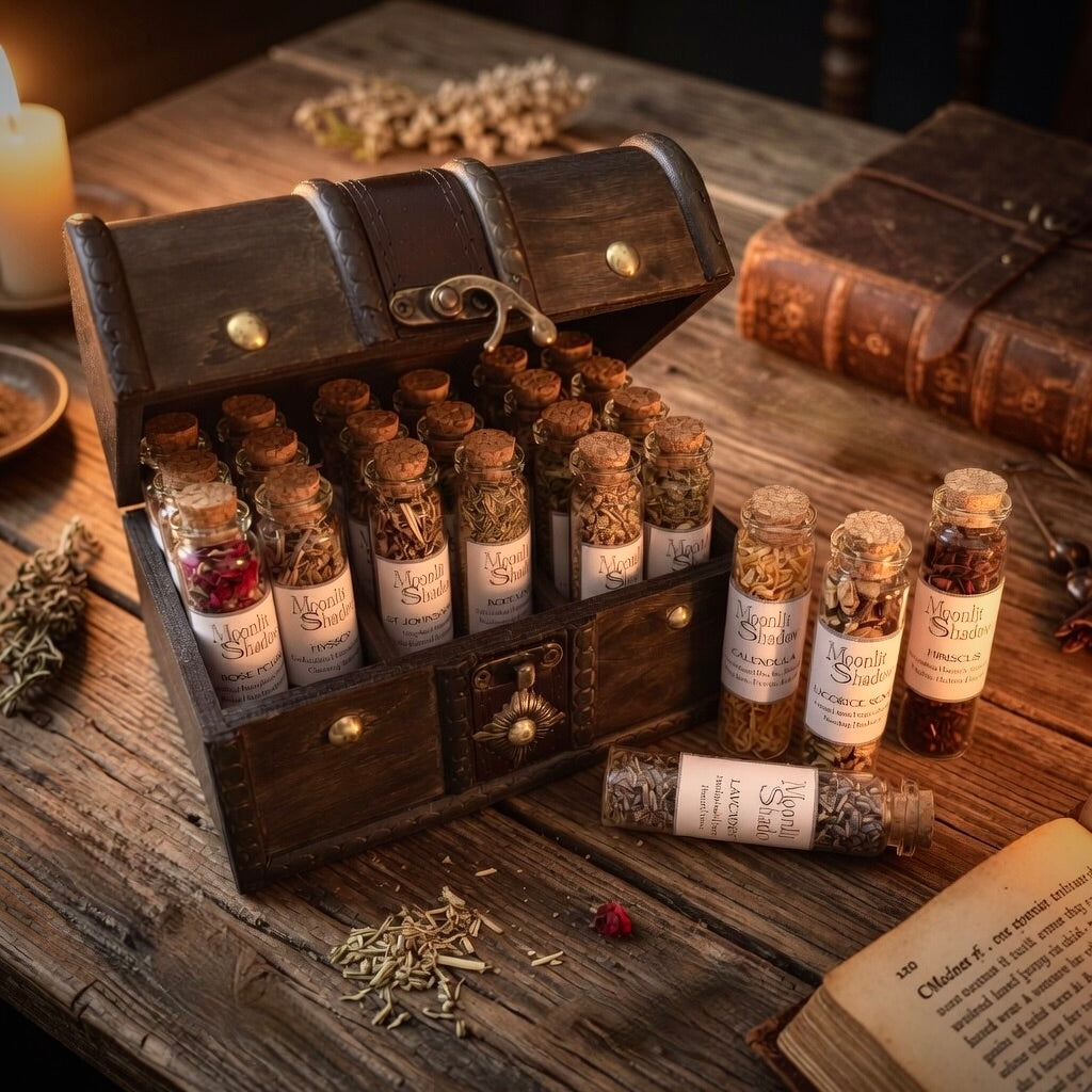 Wooden chest with bottles of herbs, candles, and a book on a wooden surface.