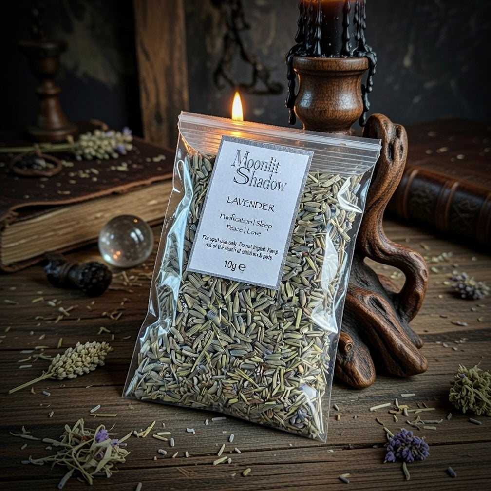 Packaged lavender on a wooden surface with candles and books in the background