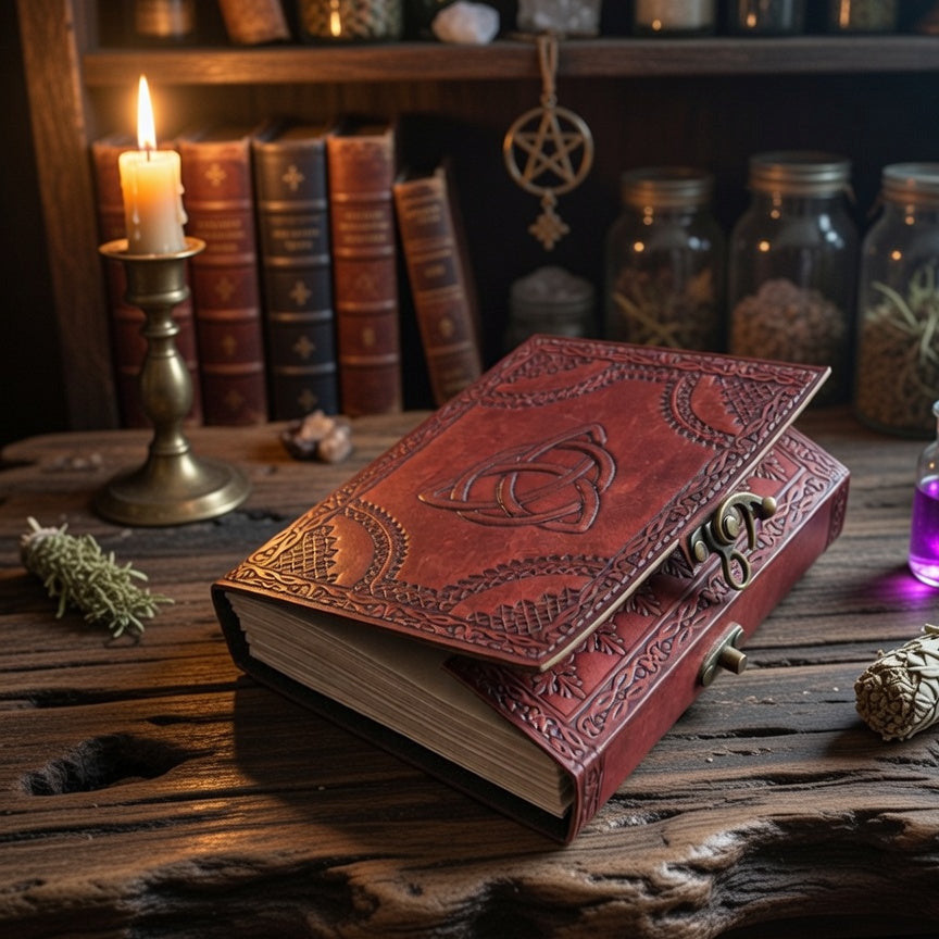 Decorative leather journal with mystical elements on a wooden surface with witchcraft related items