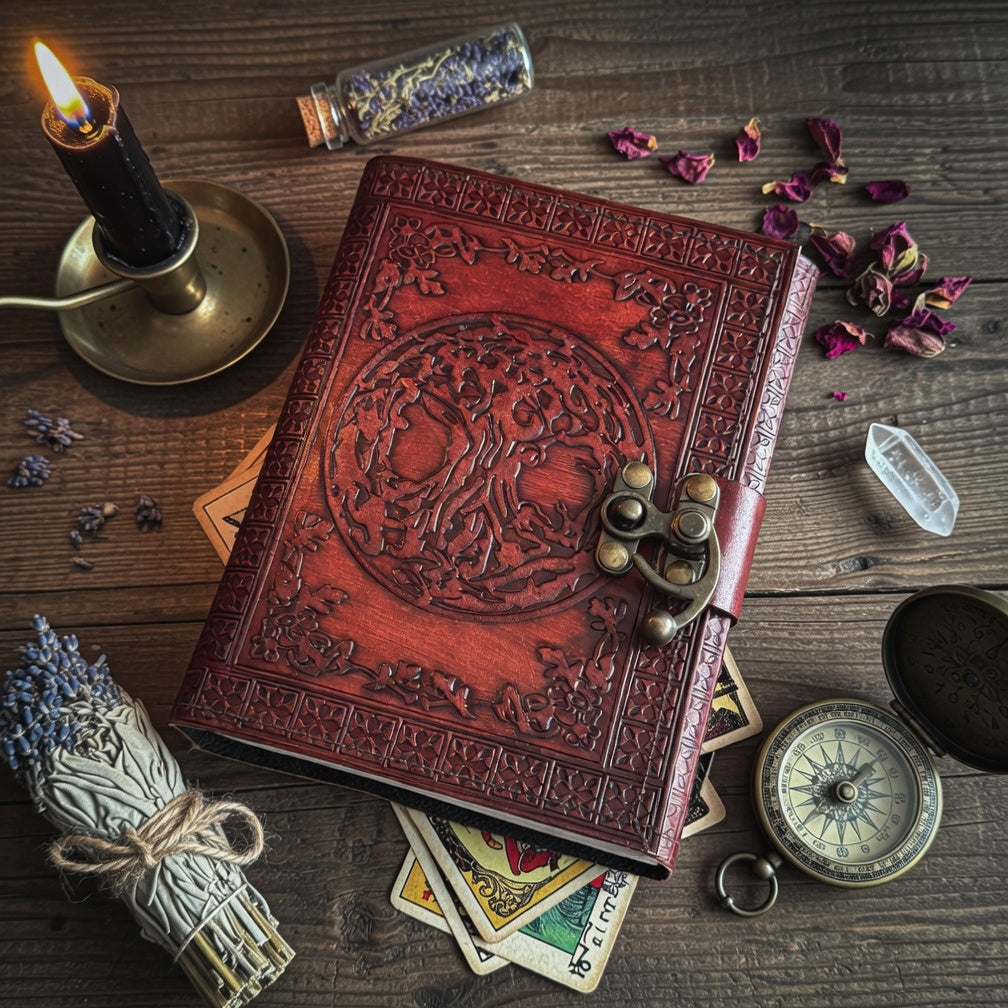 Embossed leather bound tree of life book of shadows, on a wooden surface with candles and mystical items.