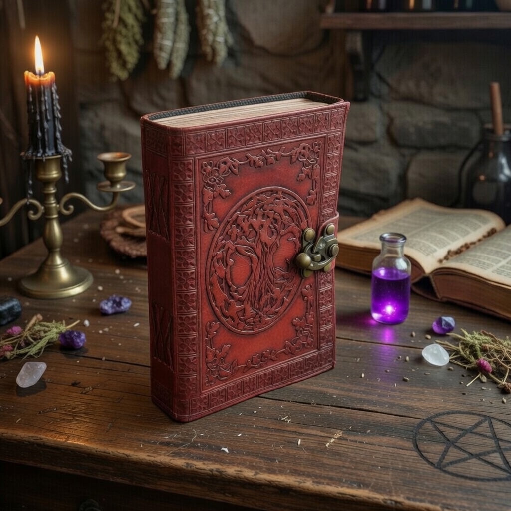Embossed leather bound tree of life book of shadows, on a wooden surface with candles and occult items.
