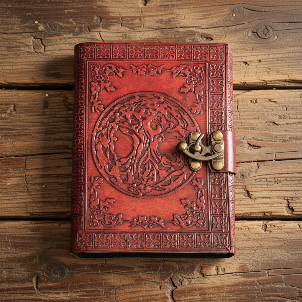Embossed leather bound tree of life book of shadows, on a wooden surface.