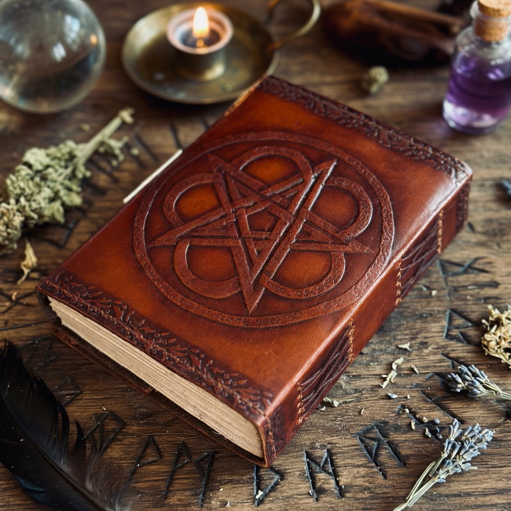 Brown leather book with pentagram design on a wooden surface with herbs and a candle.