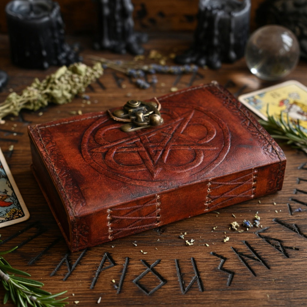 Brown leather journal with pentagram design on a wooden surface with mystical items.