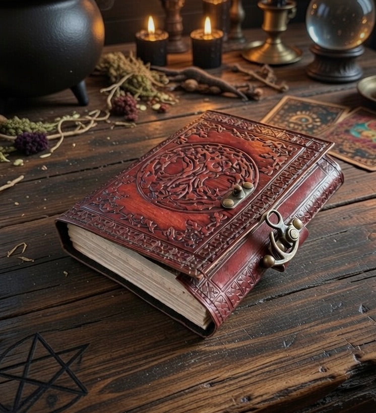 Decorative leather tree of life book of shadows, on a wooden surface with candles and witchcraft items.