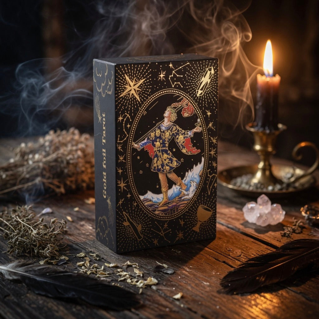 Tarot Box on a wooden surface with candle, feather and herbs