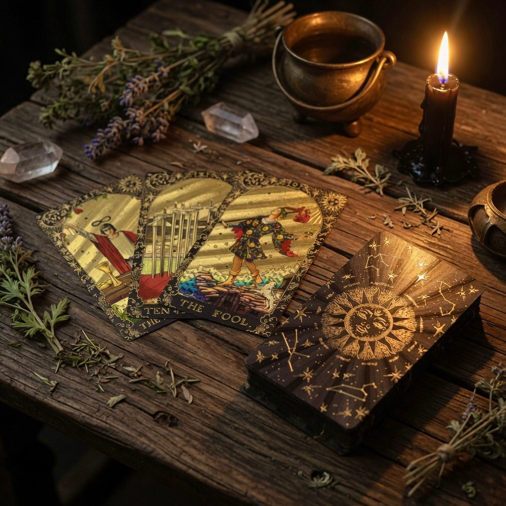 Black with gold foil tarot set, on a wooden surface with candle, herbs and crystals