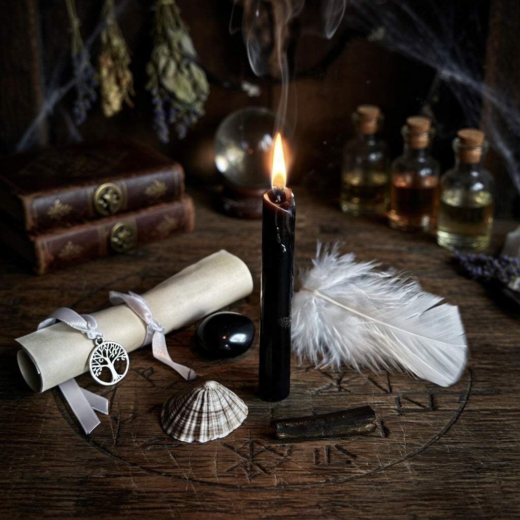 Letting go and forgetting spell casting with lit candle, feather and scroll on a carved wood surface