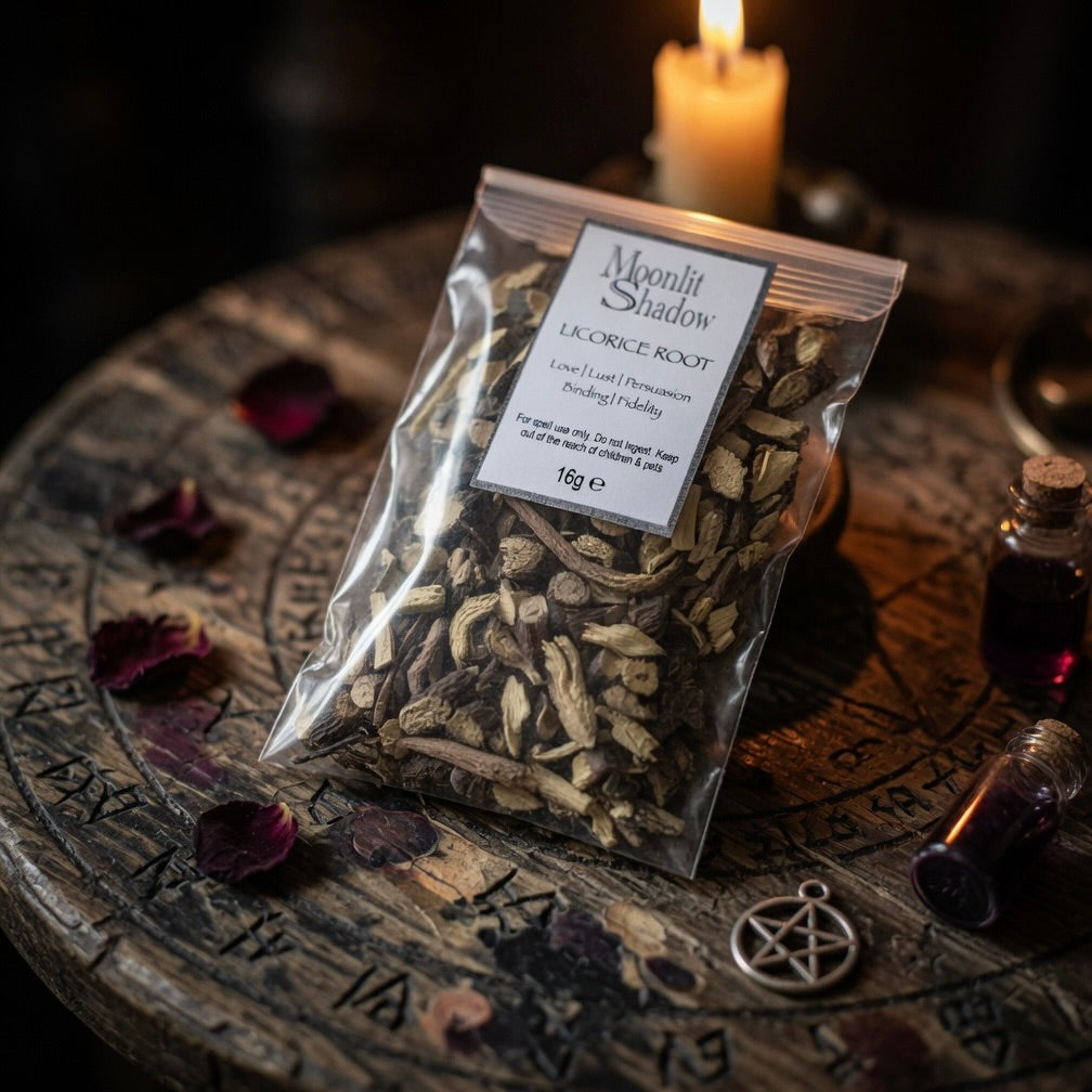 Packaged licorice root herbs on a mystical table with candles and runes