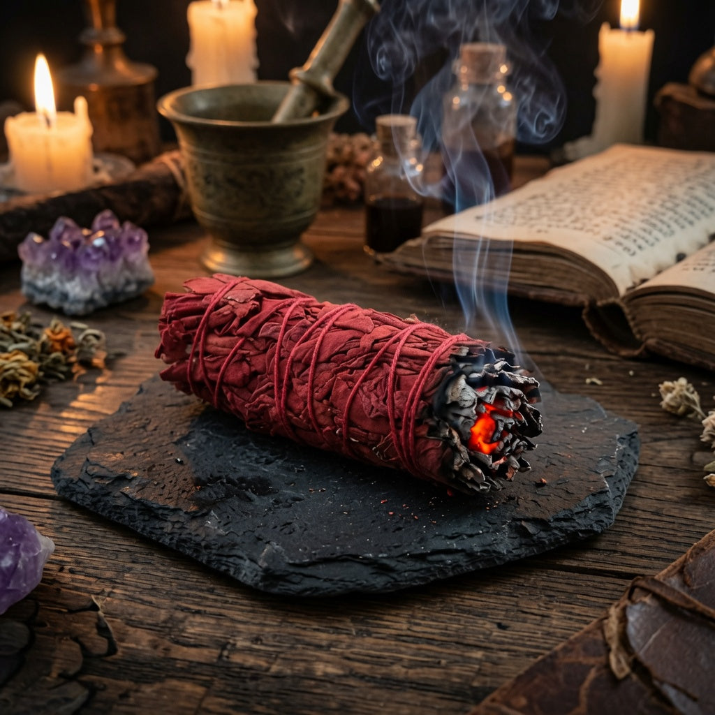 Smouldering smudge stick on a dark stone platform surrounded by candles, books, and crystals on a wooden surface.