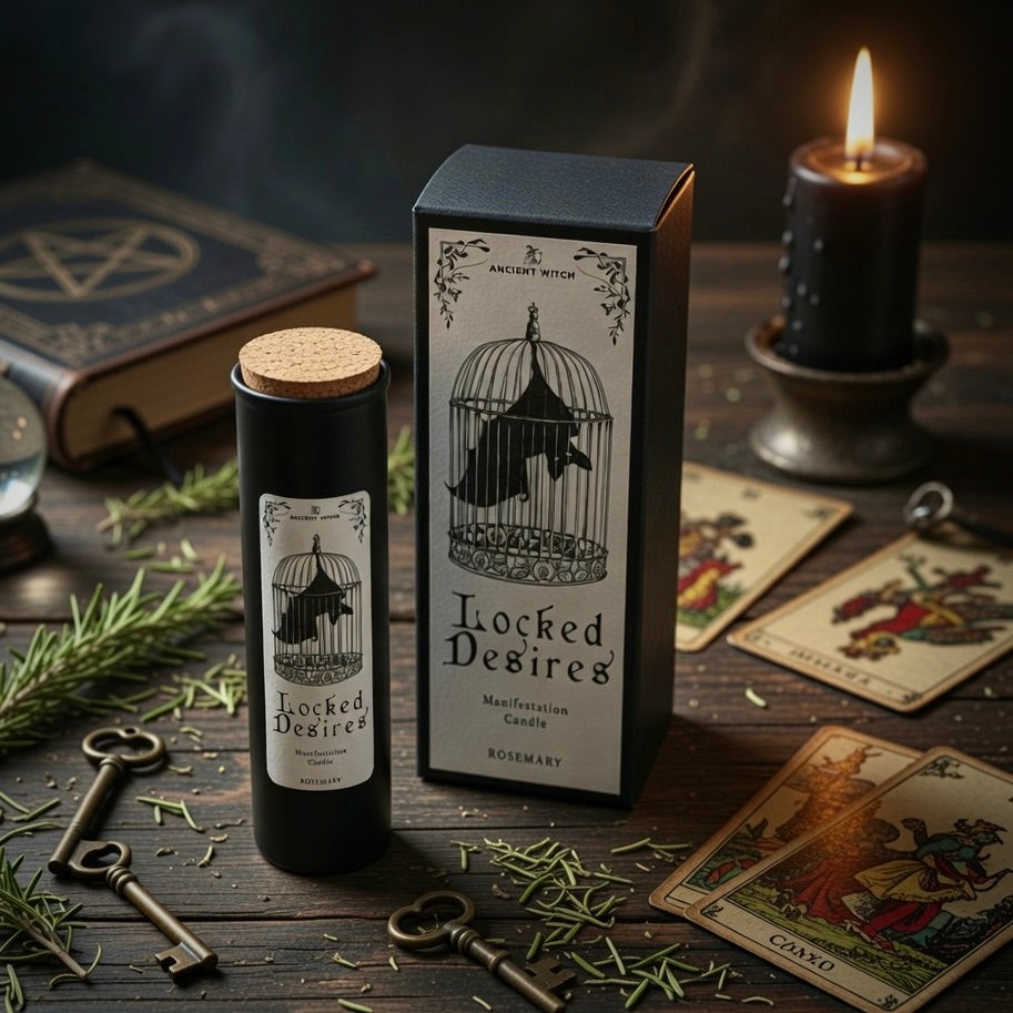 Locked Desires manifestation spell candle and presentation box, on a wooden surface with candles and books.