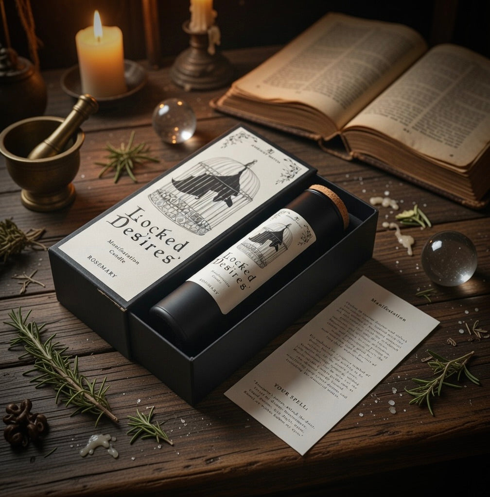 Locked Desires manifestation spell candle and presentation box, on a wooden surface with candles and books.