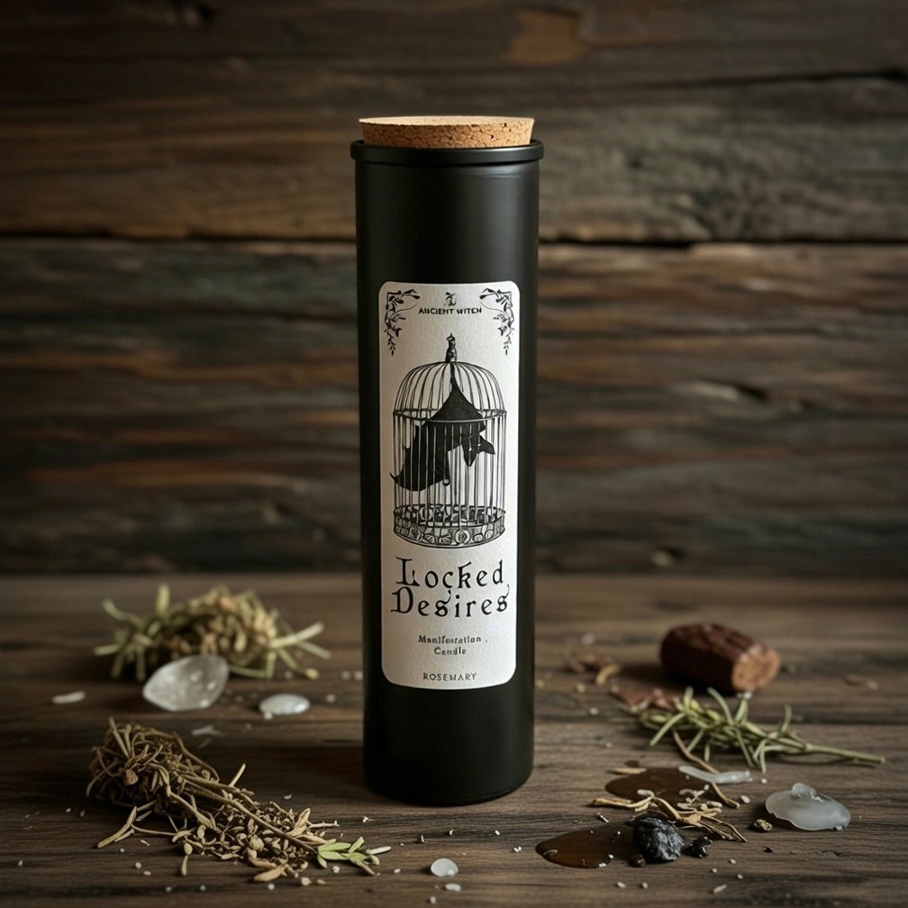Black candle bottle labeled 'Locked Desires' on a wooden surface with herbs and stones.