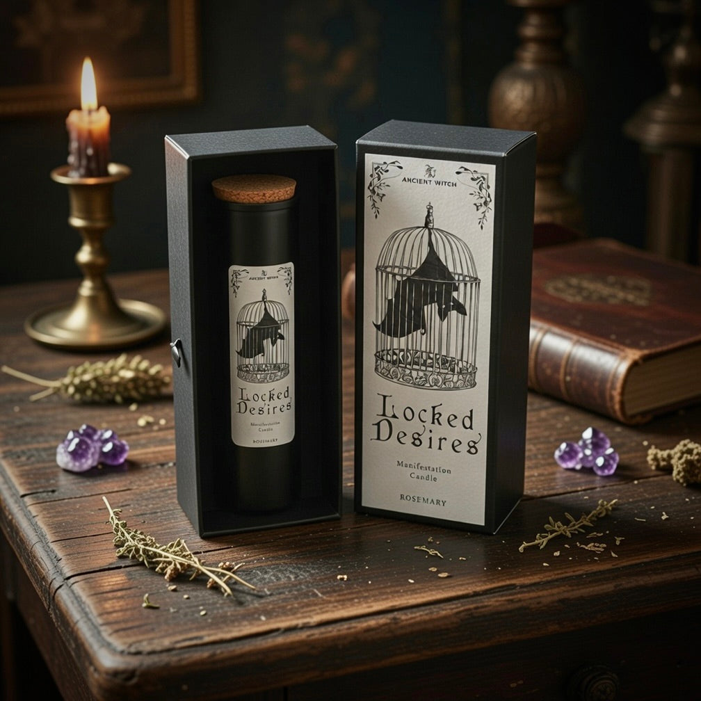 Locked Desires manifestation spell candle and presentation box, on a wooden surface with candles and books.