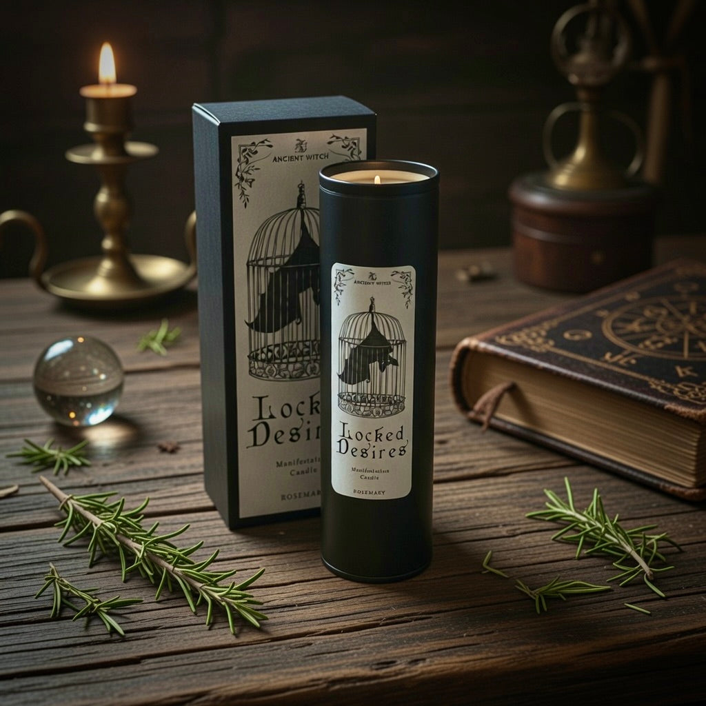 Locked Desires manifestation spell candle and presentation box, on a wooden surface with candles and books.