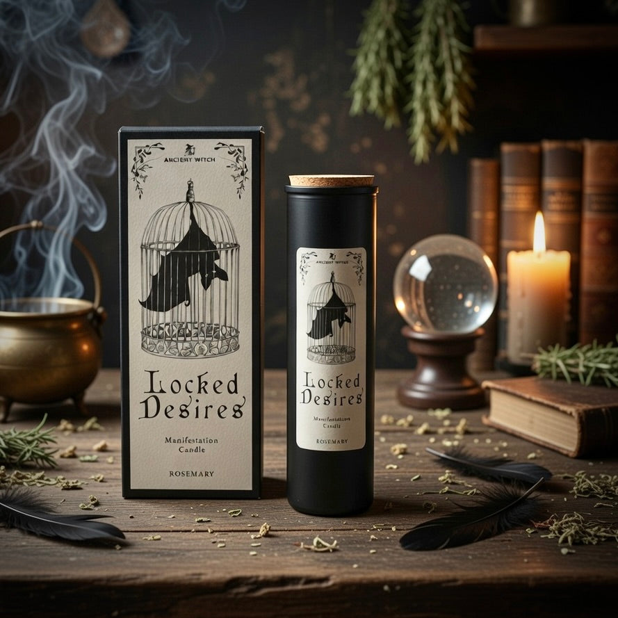 Locked Desires manifestation spell candle and presentation box, on a wooden surface with pagan candles and books.