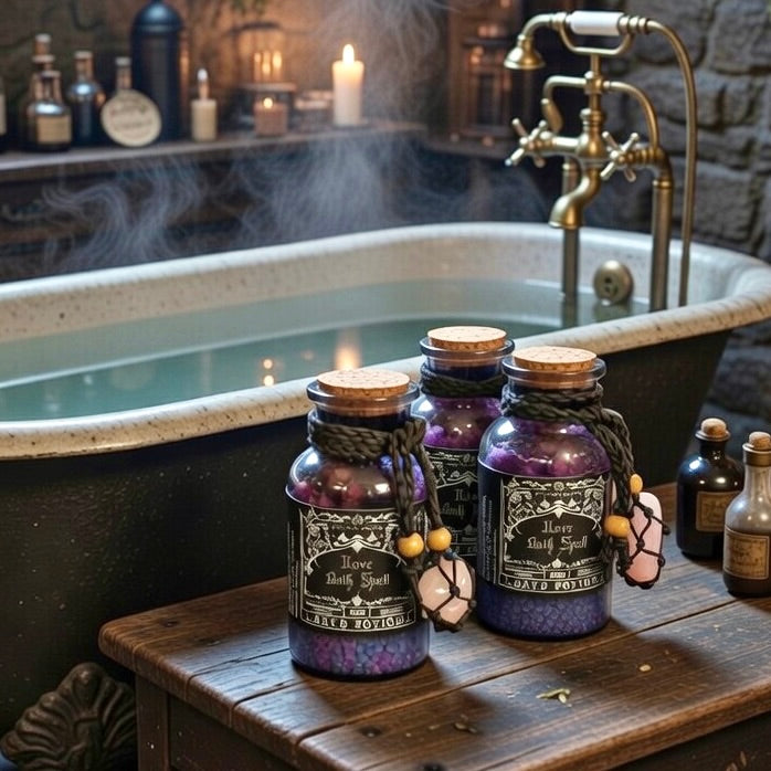 Three love bath spell potion bottles beside a  steamy bath with candles in the background