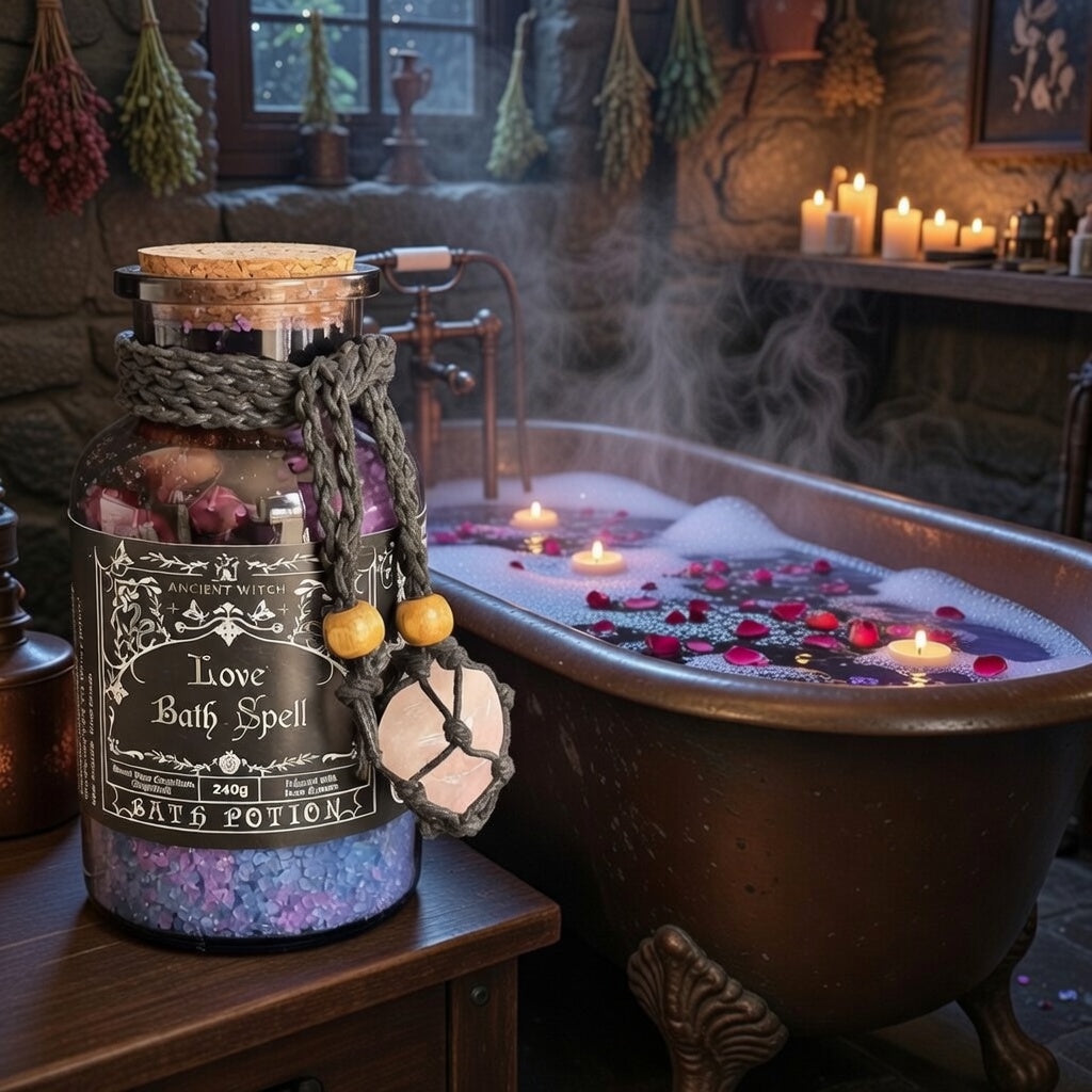 Love bath spell potion bottle beside a copper rose topped steamy bath