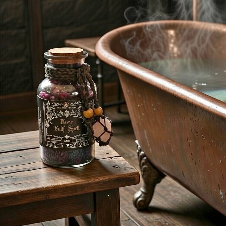 Love bath spell potion bottle stand on a wooden table, beside a copper bath full of steamy water.