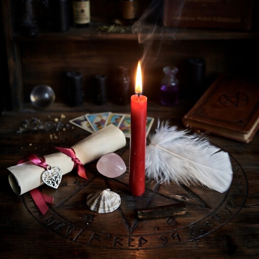 Love spell casting. Sorcery in progress with lit candle, feather, crystal and shell on a carved wooden surface