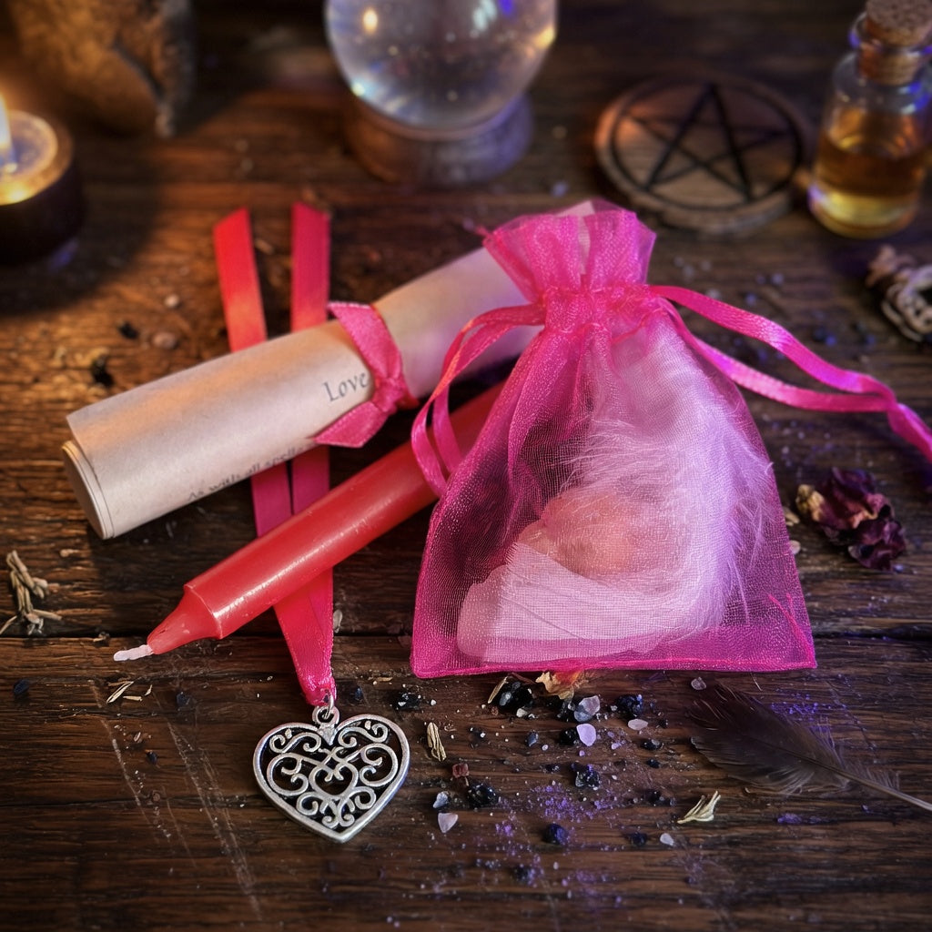 Love spell kit with scroll and candle on rough wooden surface with occult symbol