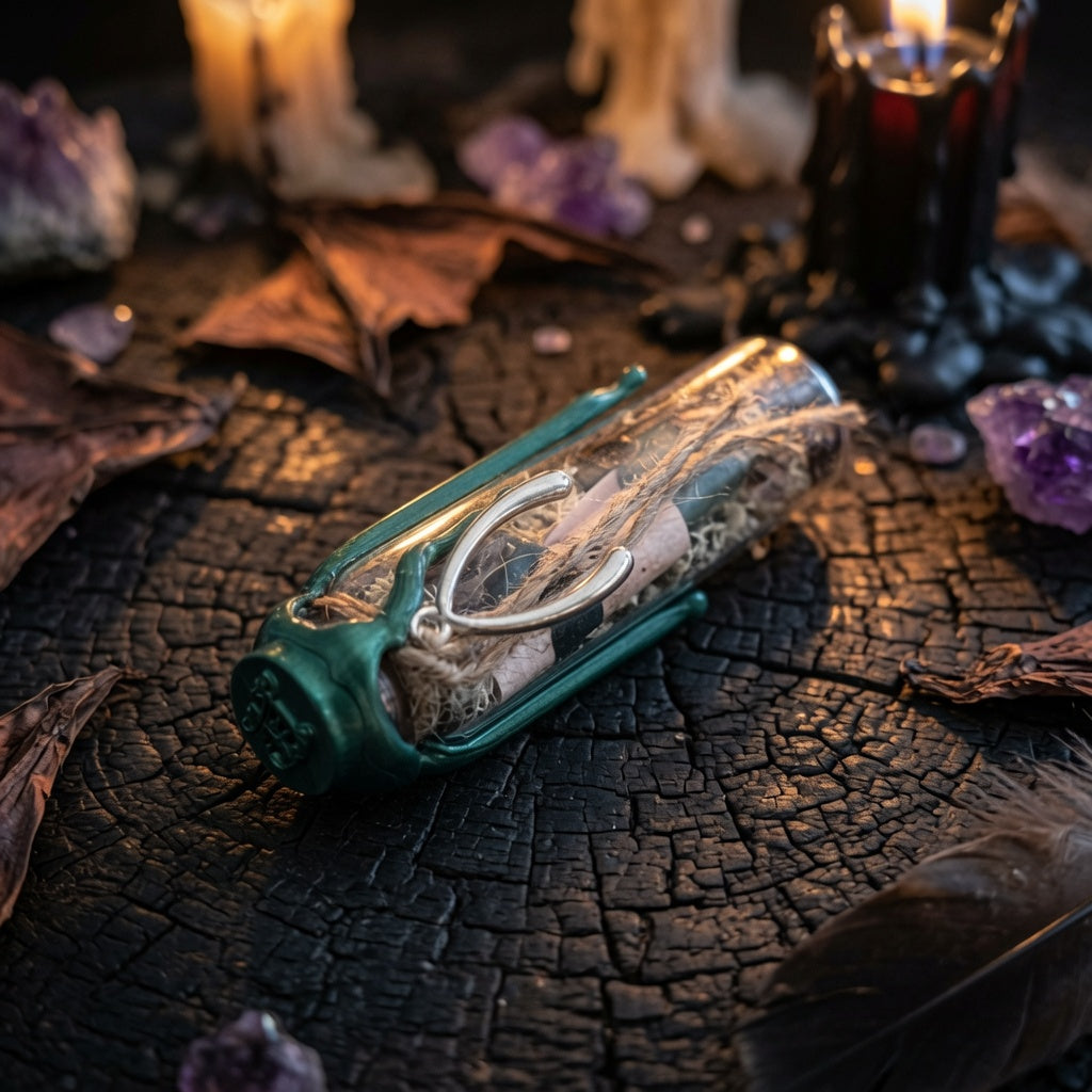 Good luck charm bottle, laying on a scorched wood surface, surrounded by witchcraft related items