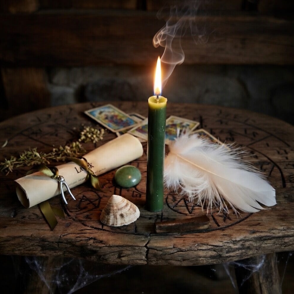 Good luck spell casting with candle, tarot cards, feather, and other mystical items on a wooden surface.