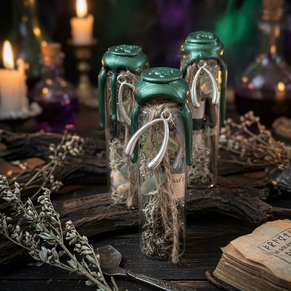 Three good luck charm bottles with green wax seal and wishbone charm, on  wooden surface with herbs, a book and  candles