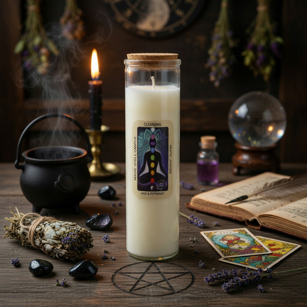 Magic spell candle for cleansing with a label on a table surrounded by witchcraft items