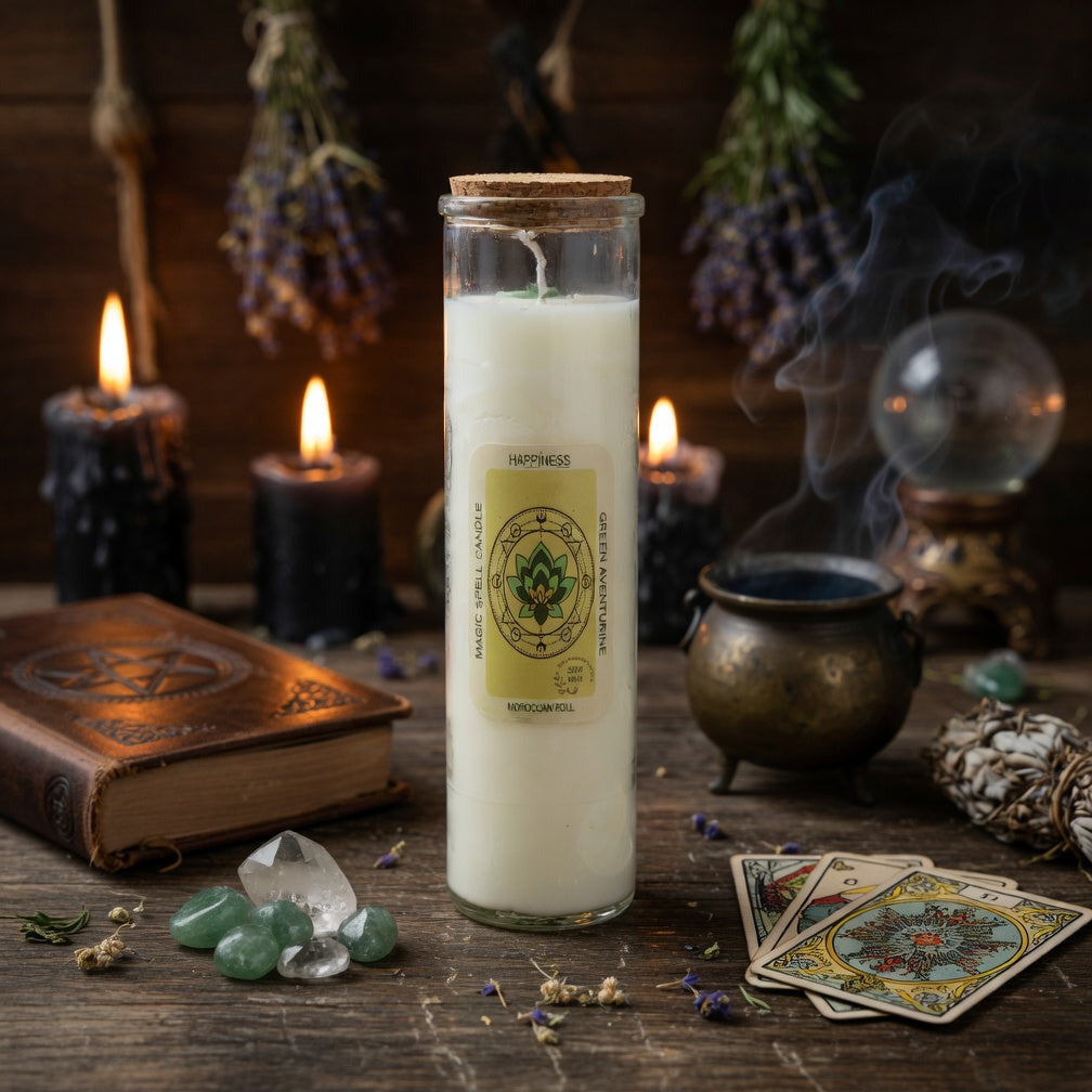Happiness spell candle in a glass jar with a label on a wooden surface with candles, cards, and other occult items.