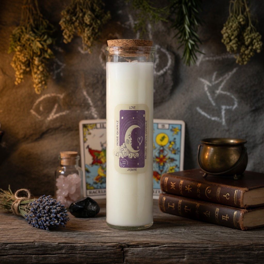 Magic spell candle for love on a wooden surface with books, tarot cards, and plants.