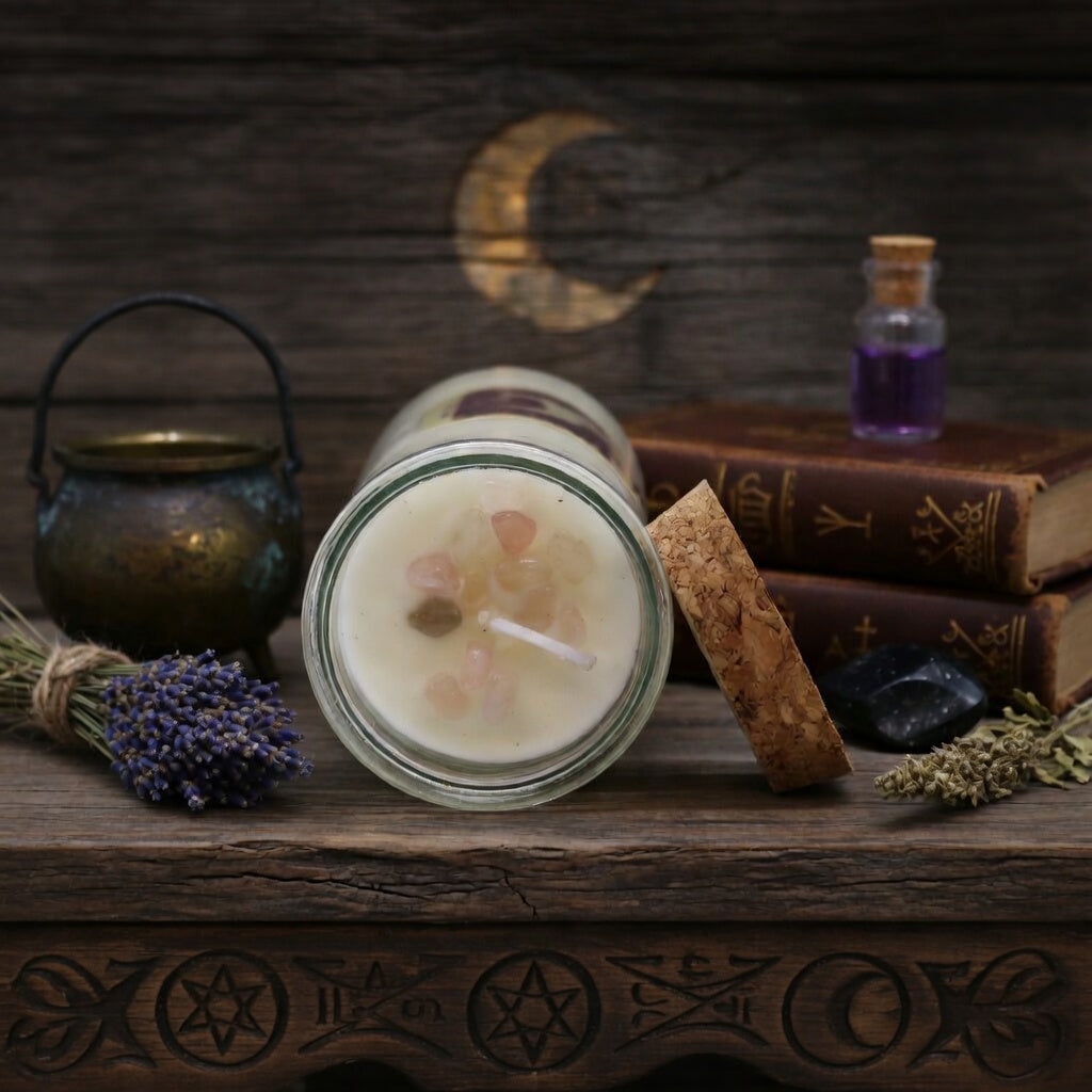 Spell candle in a jar with a wooden surface, books, and mystical items on a dark background