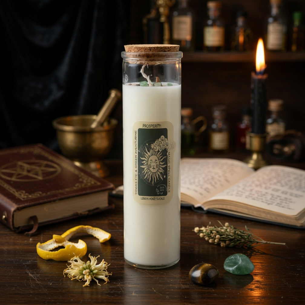 Magic spell candle in a glass jar with a label on a dark wooden surface with books and bottles in the background