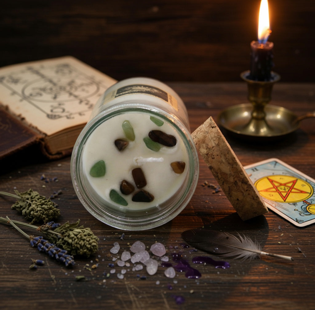 Magic spell candle with stones on a wooden surface with herbs, tarot card, and feather