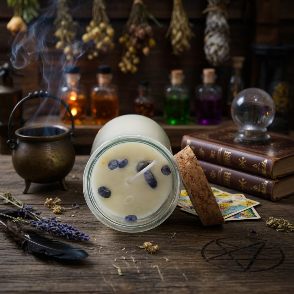 Magic spell candle for protection, on a wooden table with witchcraft supplies