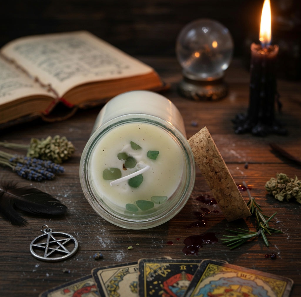Spell candle in a jar with herbs on a wooden surface with tarot cards, crystals, and an open book.